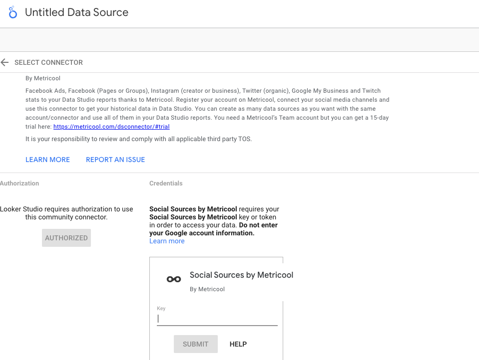 Enter API Token to access data from Metricool to Google Looker Studio