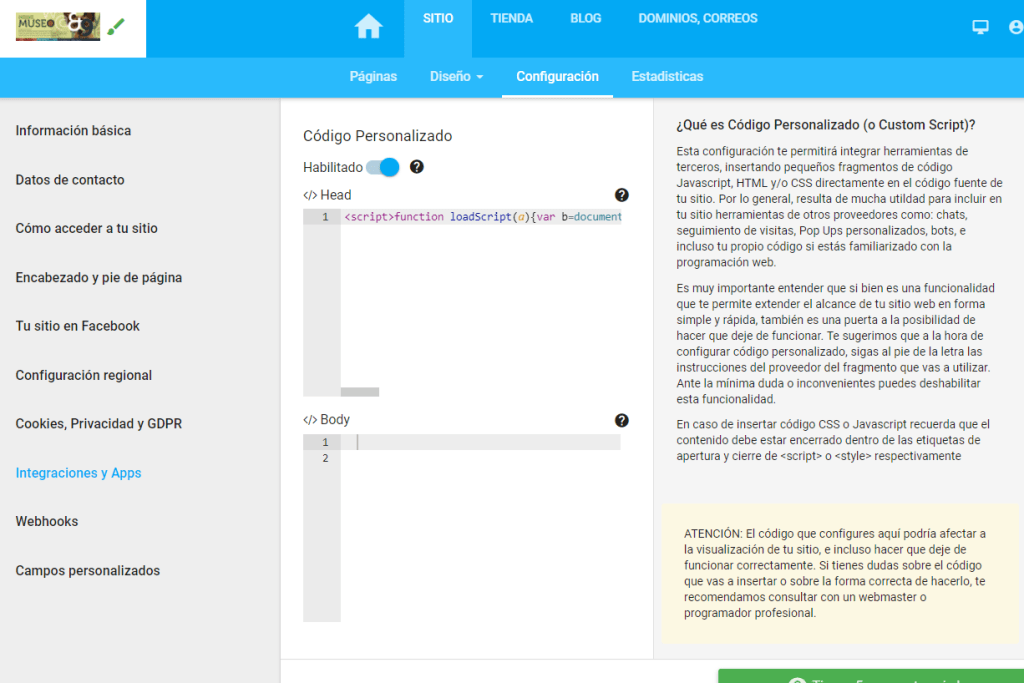 integrar sitiosimple con metricool